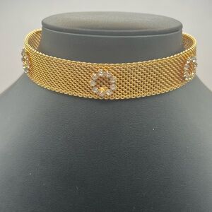 Vintage Gold Tone Mesh Choker Collar Necklace w/ Rhinestone Accents